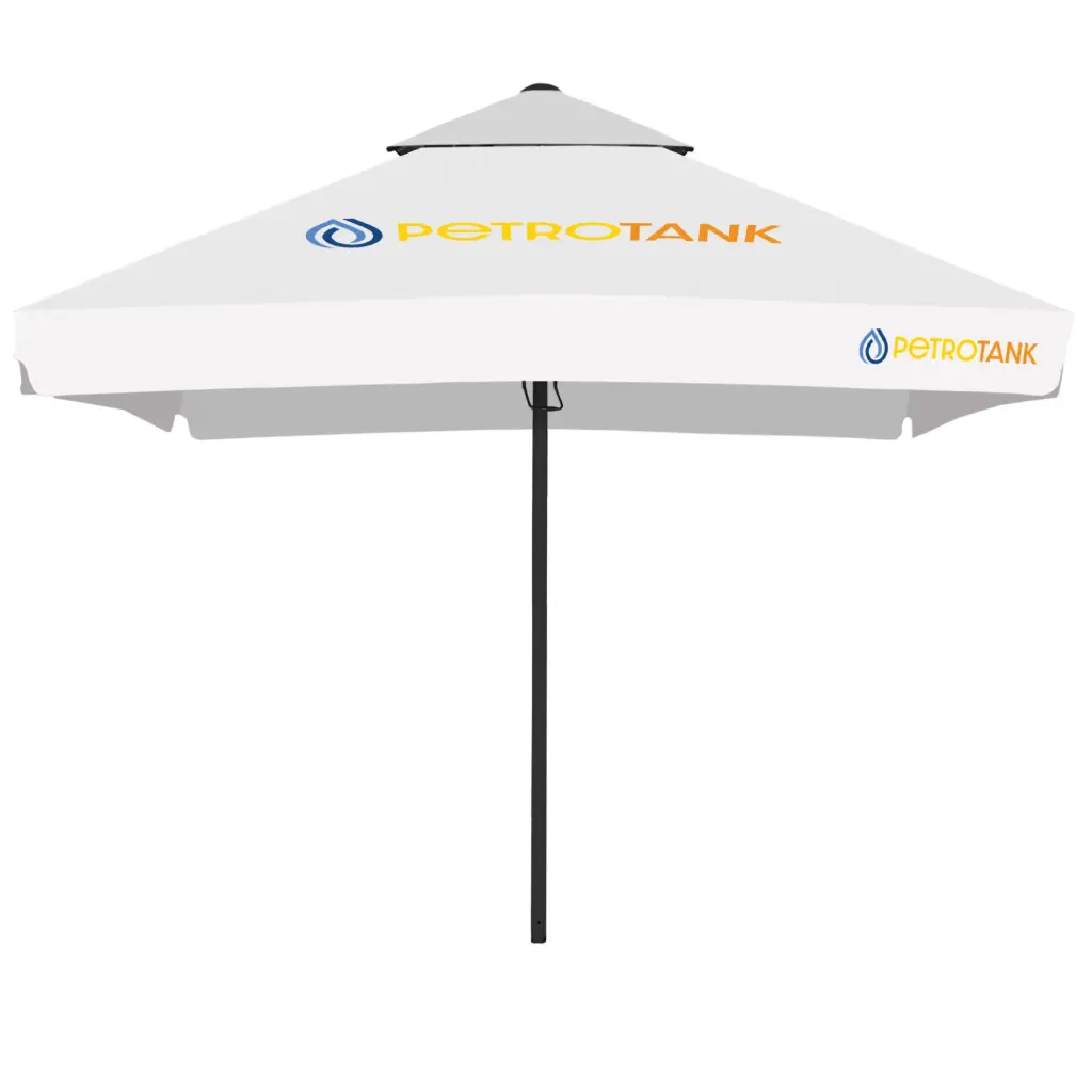 Parasol DarkLume z nadrukiem na tkaninie jednolitej PES (kwadrat / 3,5 m / 4 panele, z drugim daszkiem, tkanina 100% poliester, gramatura 210± 10 g/m², 1807001 White, z owiewką / lamówka biała, stelaż aluminiowy, antracyt RAL 7021 farba proszkowa, maszt ⌀60 mm, 1 szt. w kartonie z otworem na maszt)